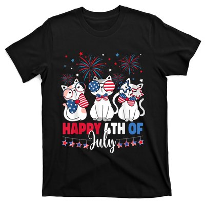 Cat Happy 4th Of July American Flag Red White Blue Cat Lover T-Shirt