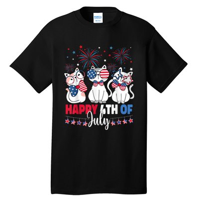 Cat Happy 4th Of July American Flag Red White Blue Cat Lover Tall T-Shirt