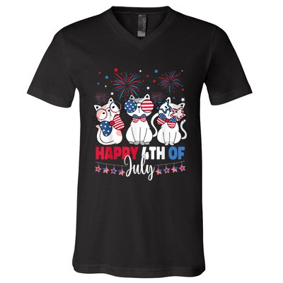 Cat Happy 4th Of July American Flag Red White Blue Cat Lover V-Neck T-Shirt