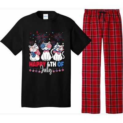 Cat Happy 4th Of July American Flag Red White Blue Cat Lover Pajama Set