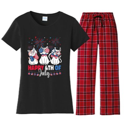 Cat Happy 4th Of July American Flag Red White Blue Cat Lover Women's Flannel Pajama Set