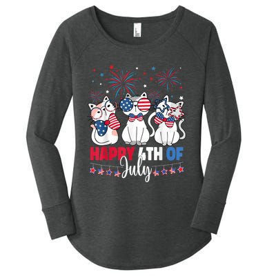 Cat Happy 4th Of July American Flag Red White Blue Cat Lover Women's Perfect Tri Tunic Long Sleeve Shirt