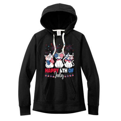 Cat Happy 4th Of July American Flag Red White Blue Cat Lover Women's Fleece Hoodie