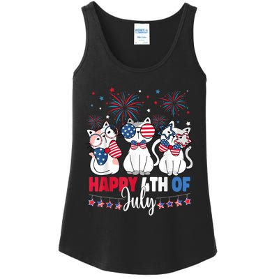 Cat Happy 4th Of July American Flag Red White Blue Cat Lover Ladies Essential Tank