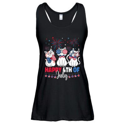 Cat Happy 4th Of July American Flag Red White Blue Cat Lover Ladies Essential Flowy Tank