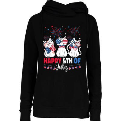 Cat Happy 4th Of July American Flag Red White Blue Cat Lover Womens Funnel Neck Pullover Hood