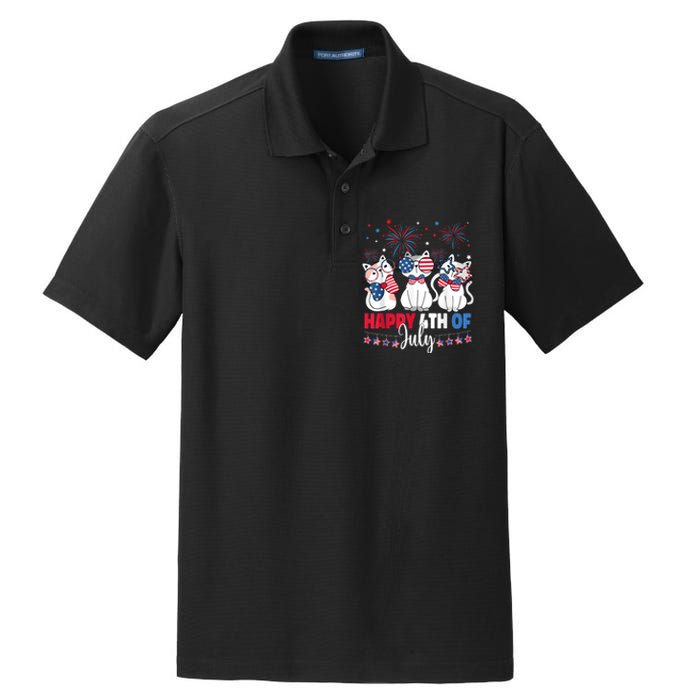 Cat Happy 4th Of July American Flag Red White Blue Cat Lover Dry Zone Grid Polo