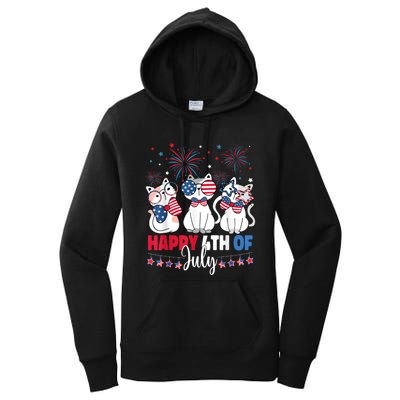 Cat Happy 4th Of July American Flag Red White Blue Cat Lover Women's Pullover Hoodie