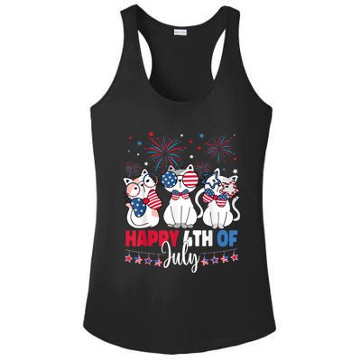 Cat Happy 4th Of July American Flag Red White Blue Cat Lover Ladies PosiCharge Competitor Racerback Tank