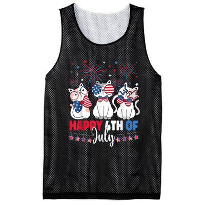 Cat Happy 4th Of July American Flag Red White Blue Cat Lover Mesh Reversible Basketball Jersey Tank