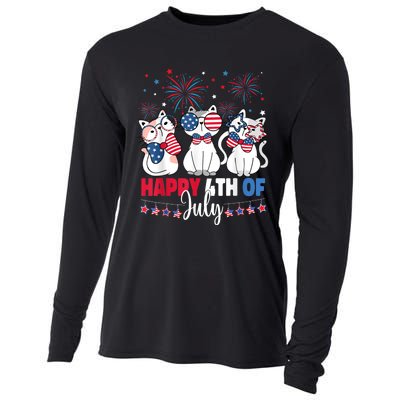 Cat Happy 4th Of July American Flag Red White Blue Cat Lover Cooling Performance Long Sleeve Crew