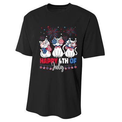 Cat Happy 4th Of July American Flag Red White Blue Cat Lover Performance Sprint T-Shirt