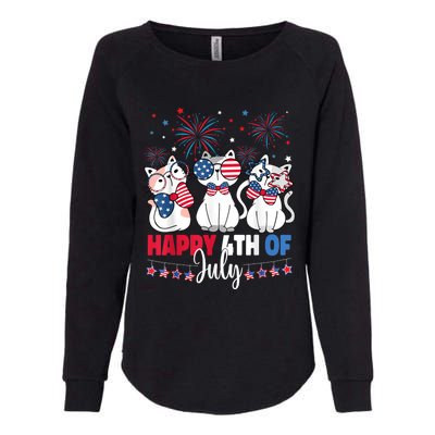 Cat Happy 4th Of July American Flag Red White Blue Cat Lover Womens California Wash Sweatshirt