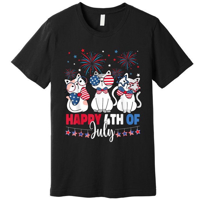 Cat Happy 4th Of July American Flag Red White Blue Cat Lover Premium T-Shirt