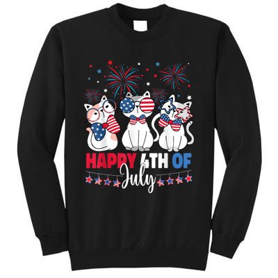 Cat Happy 4th Of July American Flag Red White Blue Cat Lover Tall Sweatshirt