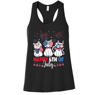 Cat Happy 4th Of July American Flag Red White Blue Cat Lover Women's Racerback Tank