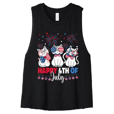 Cat Happy 4th Of July American Flag Red White Blue Cat Lover Women's Racerback Cropped Tank