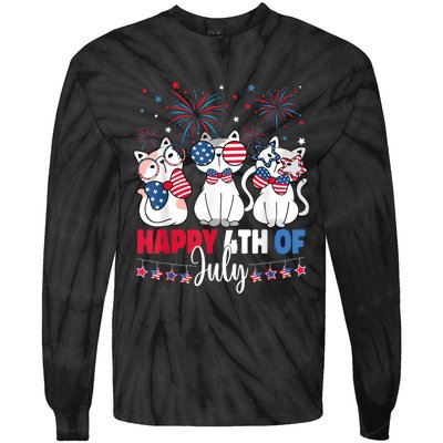 Cat Happy 4th Of July American Flag Red White Blue Cat Lover Tie-Dye Long Sleeve Shirt