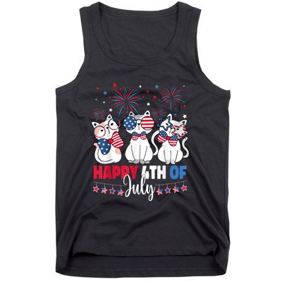 Cat Happy 4th Of July American Flag Red White Blue Cat Lover Tank Top