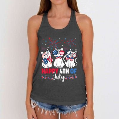 Cat Happy 4th Of July American Flag Red White Blue Cat Lover Women's Knotted Racerback Tank