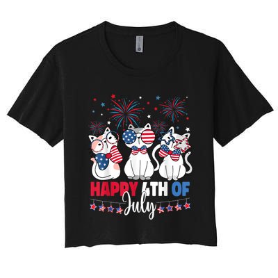 Cat Happy 4th Of July American Flag Red White Blue Cat Lover Women's Crop Top Tee