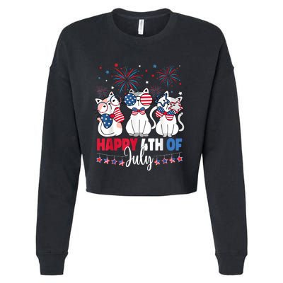 Cat Happy 4th Of July American Flag Red White Blue Cat Lover Cropped Pullover Crew