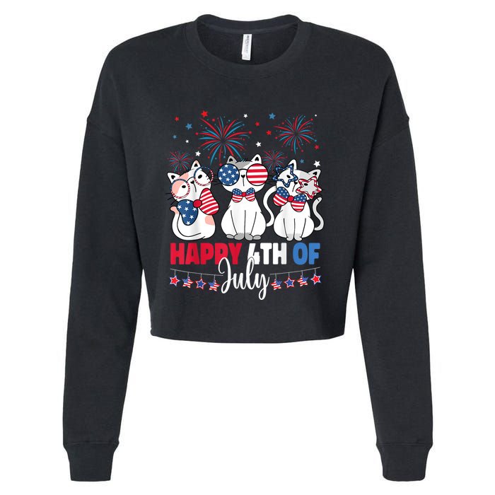 Cat Happy 4th Of July American Flag Red White Blue Cat Lover Cropped Pullover Crew