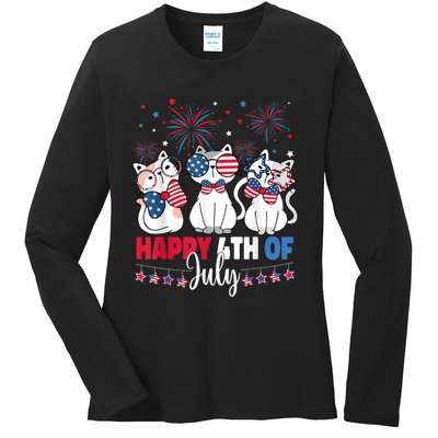 Cat Happy 4th Of July American Flag Red White Blue Cat Lover Ladies Long Sleeve Shirt