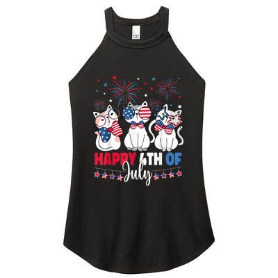 Cat Happy 4th Of July American Flag Red White Blue Cat Lover Women’s Perfect Tri Rocker Tank