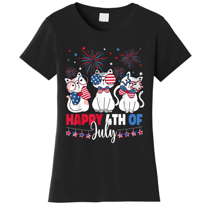 Cat Happy 4th Of July American Flag Red White Blue Cat Lover Women's T-Shirt