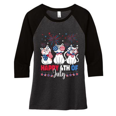 Cat Happy 4th Of July American Flag Red White Blue Cat Lover Women's Tri-Blend 3/4-Sleeve Raglan Shirt