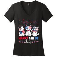 Cat Happy 4th Of July American Flag Red White Blue Cat Lover Women's V-Neck T-Shirt