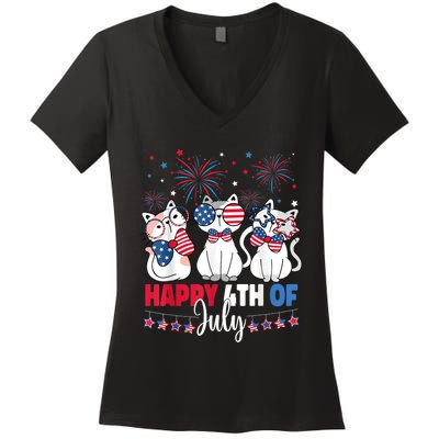 Cat Happy 4th Of July American Flag Red White Blue Cat Lover Women's V-Neck T-Shirt