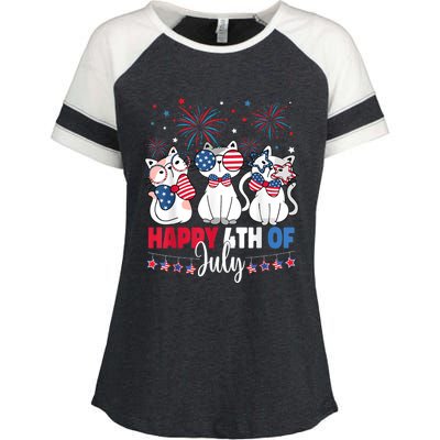 Cat Happy 4th Of July American Flag Red White Blue Cat Lover Enza Ladies Jersey Colorblock Tee