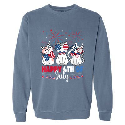 Cat Happy 4th Of July American Flag Red White Blue Cat Lover Garment-Dyed Sweatshirt