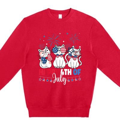 Cat Happy 4th Of July American Flag Red White Blue Cat Lover Premium Crewneck Sweatshirt