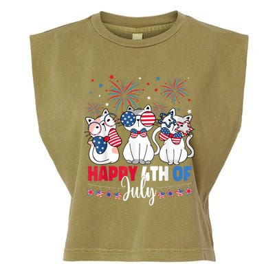 Cat Happy 4th Of July American Flag Red White Blue Cat Lover Garment-Dyed Women's Muscle Tee