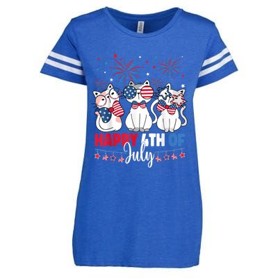 Cat Happy 4th Of July American Flag Red White Blue Cat Lover Enza Ladies Jersey Football T-Shirt