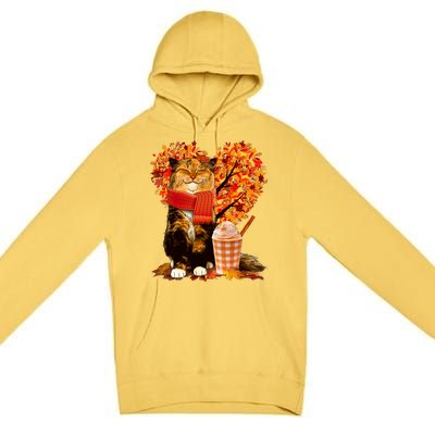 Cute Happy Autumn Cat With Pumpkin Spice Drink Fall Lover Premium Pullover Hoodie