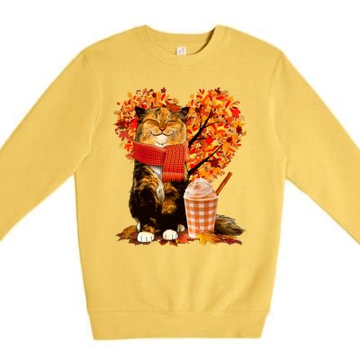 Cute Happy Autumn Cat With Pumpkin Spice Drink Fall Lover Premium Crewneck Sweatshirt