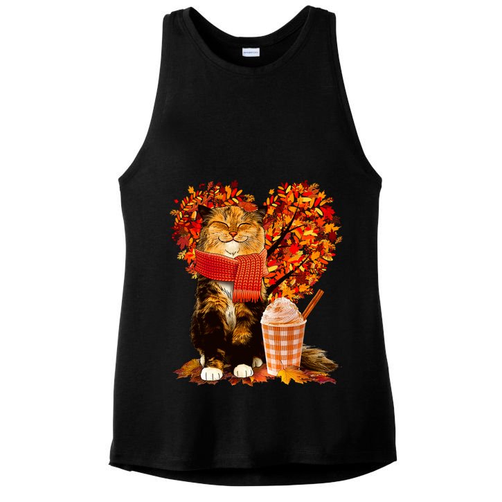 Cute Happy Autumn Cat With Pumpkin Spice Drink Fall Lover Ladies PosiCharge Tri-Blend Wicking Tank