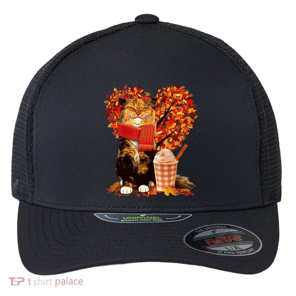 Cute Happy Autumn Cat With Pumpkin Spice Drink Fall Lover Flexfit Unipanel Trucker Cap