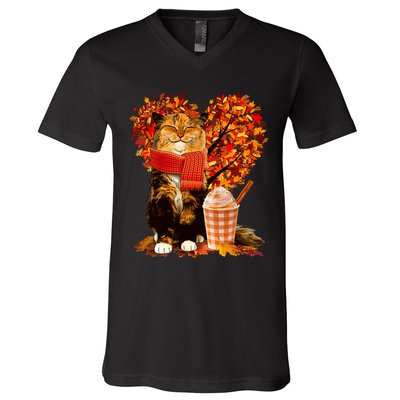 Cute Happy Autumn Cat With Pumpkin Spice Drink Fall Lover V-Neck T-Shirt