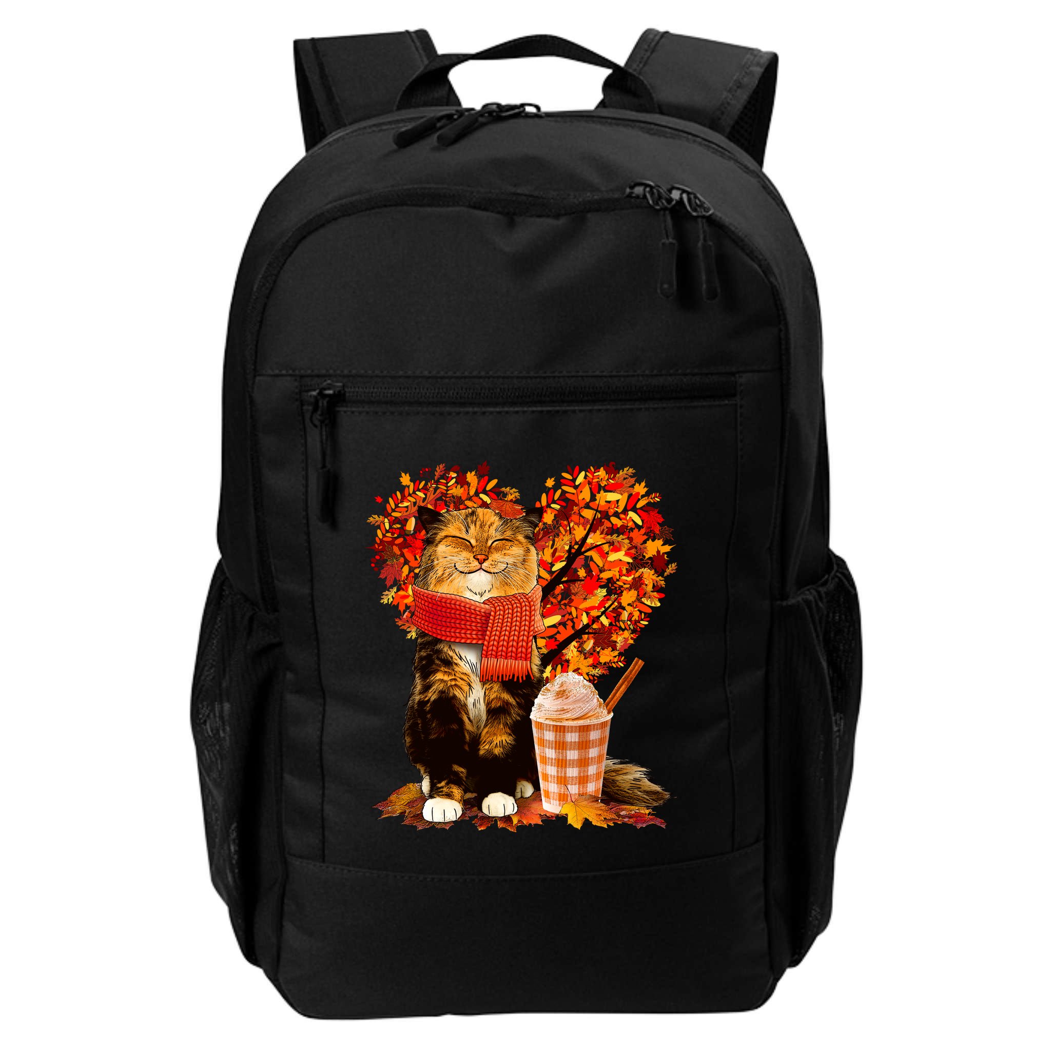 Cute Happy Autumn Cat With Pumpkin Spice Drink Fall Lover Backpack