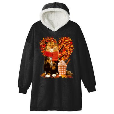 Cute Happy Autumn Cat With Pumpkin Spice Drink Fall Lover Hooded Wearable Blanket