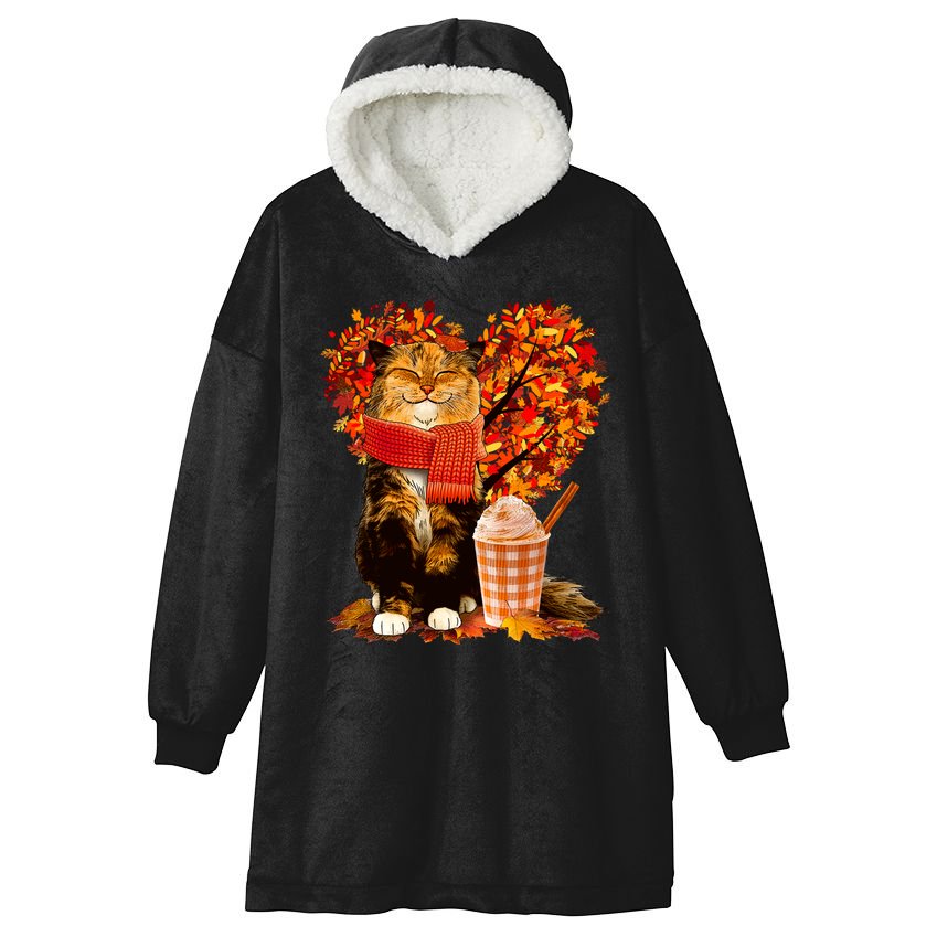 Cute Happy Autumn Cat With Pumpkin Spice Drink Fall Lover Hooded Wearable Blanket