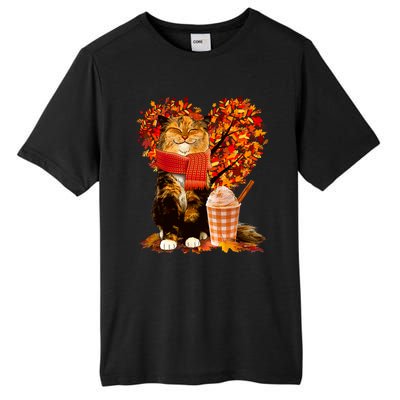 Cute Happy Autumn Cat With Pumpkin Spice Drink Fall Lover Tall Fusion ChromaSoft Performance T-Shirt