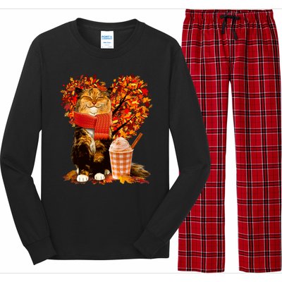 Cute Happy Autumn Cat With Pumpkin Spice Drink Fall Lover Long Sleeve Pajama Set