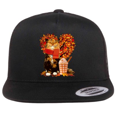 Cute Happy Autumn Cat With Pumpkin Spice Drink Fall Lover Flat Bill Trucker Hat