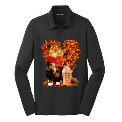 Cute Happy Autumn Cat With Pumpkin Spice Drink Fall Lover Silk Touch Performance Long Sleeve Polo